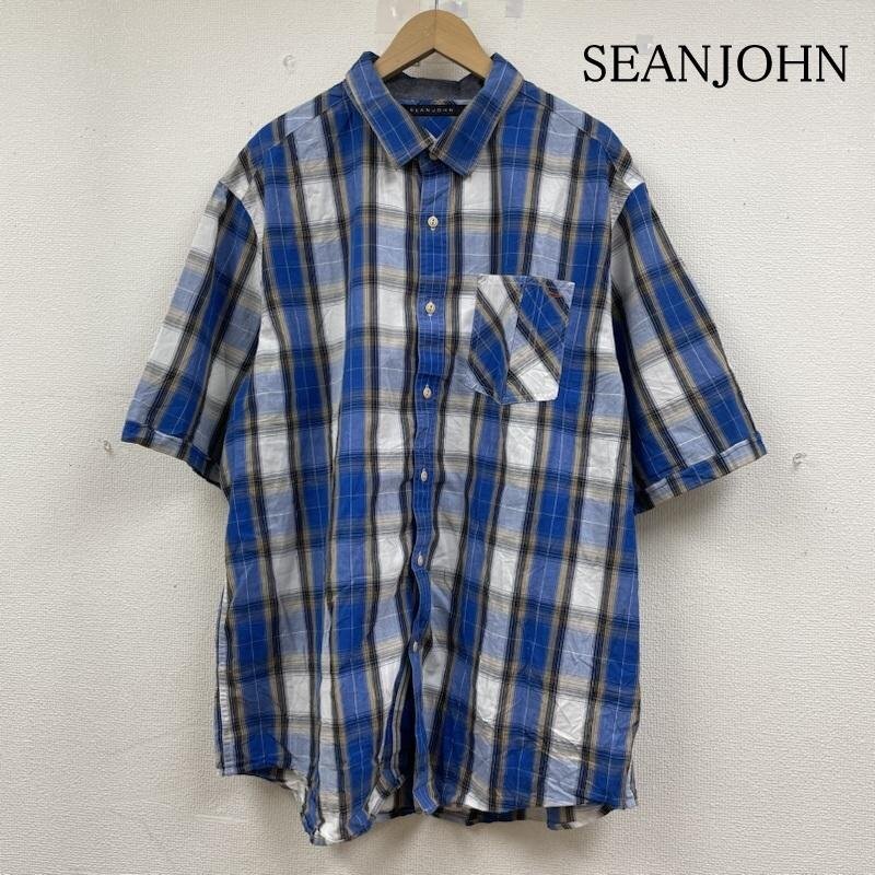 ショーンジョン 半袖 シャツ ブラウス Shirt デザインシャツ 胸ポケット ボタン チェック 大きめ ビッグシルエット サイズ3XL -拍卖