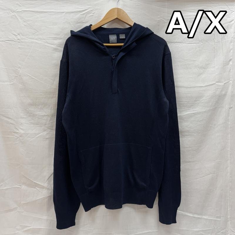 アルマーニエクスチェンジ A/X ポリエステル ナイロン ニット ハーフボタン プルオーバー パーカー 紺 ネイビー M拍卖