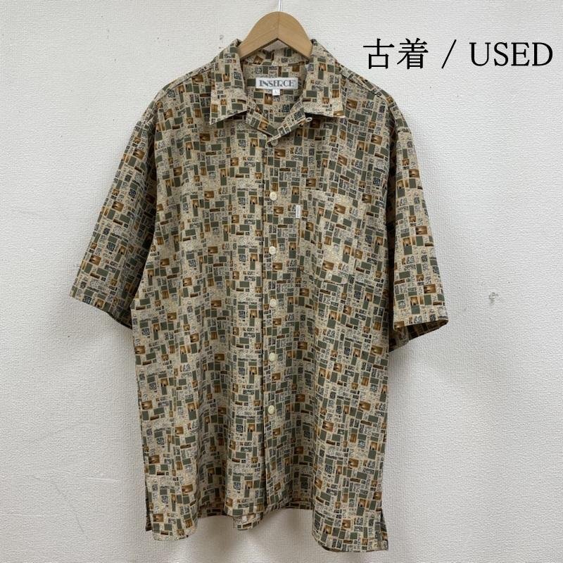 古着 ヴィンテージ 総柄 半袖 バンロンシャツ オープンカラー 開襟 Shirt 幾何学模様 プリント 胸ポケット ボタン レトロシャツ L拍卖