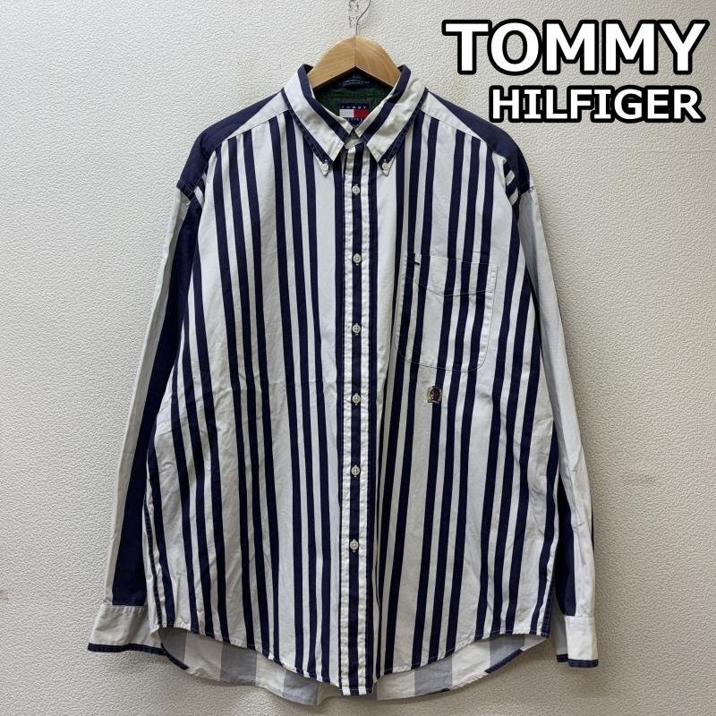 トミーヒルフィガー ビンテージ フラッグタグ 中国製 ストライプ柄 ボタンダウン 長袖 シャツ 白 紺 ホワイト ネイビー XL拍卖