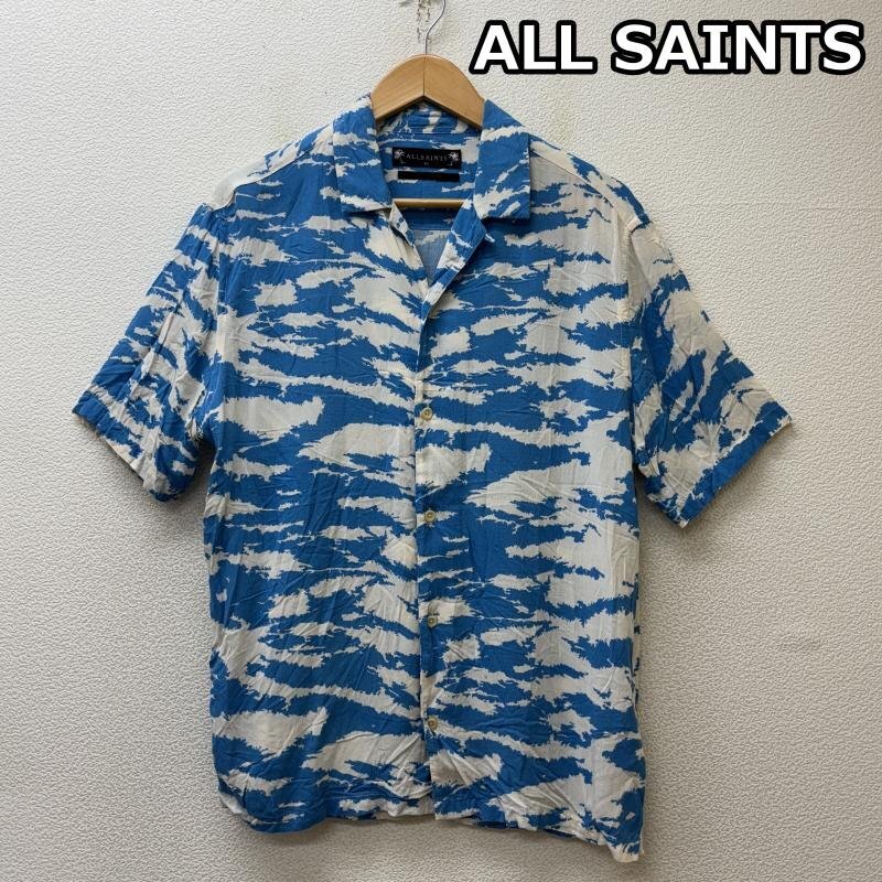オールセインツ Valais 総柄 レーヨン オープンカラー ボックス ハワイアン アロハ シャツ 青 白 ブルー ホワイト XS拍卖