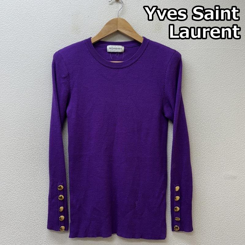 イヴサンローラン Fukusuke 福助期 オールド 袖 金ボタン クルーネック ウール リブニット セーター 紫色 パープル M拍卖