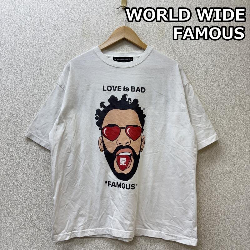 古着 WORLD WIDE FAMOUS ワールワイドフェイマス LOVE is BAD プリント クルーネック 半袖 Tシャツ 白 ホワイト L拍卖