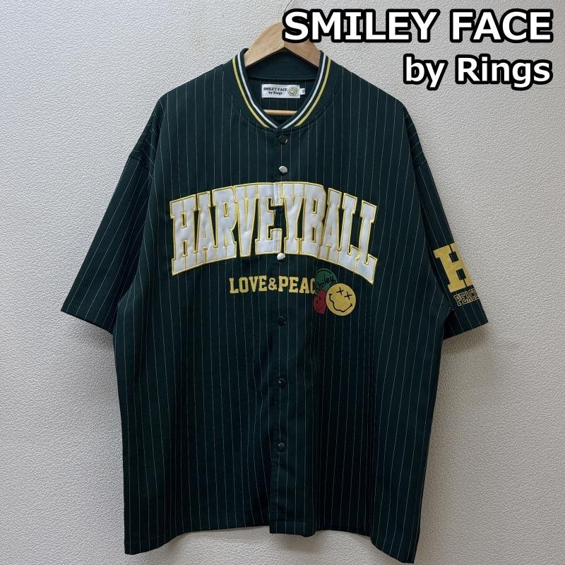 古着 SMILEY FACE by Rings スマイリーフェイス バイ リングス ロゴ 刺繍 プリント ストライプ 半袖 ベースボール シャツ 緑 グリーン拍卖