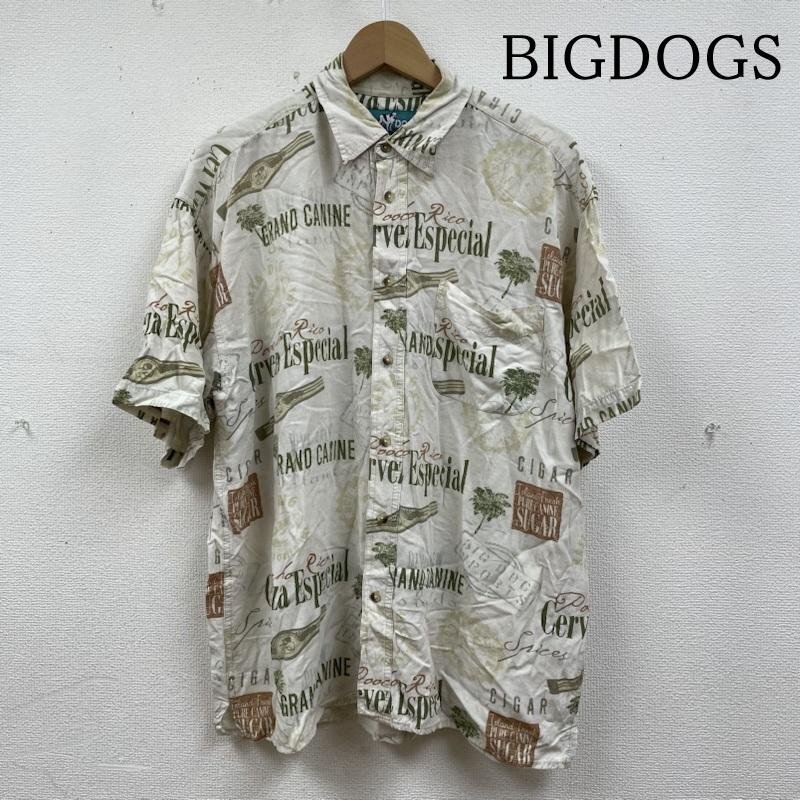 古着 BIGDOGS ビッグドッグス 半袖 シャツ ブラウス Shirt 総柄 アロハ ロゴ プリント 胸ポケット ボタン 大きめ L拍卖