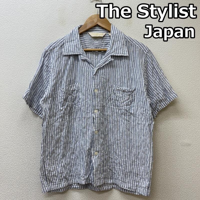 ザスタイリストジャパン ロゴ 刺繍 ストライプ柄 オープンカラー ボックス 半袖 シャツ 白 水色 ホワイト ライトブルー M拍卖