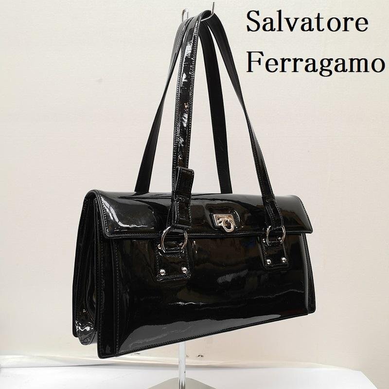 サルヴァトーレフェラガモ EO-21 6854 ガンチーニ パテント レザー トートバッグ ショルダー シルバー金具 肩掛け -拍卖