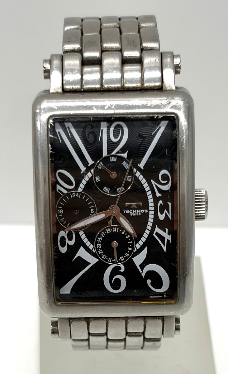 ★【ジャンク】TECHNOS CHRONOGRAPH テクノス クロノグラフ クォーツ スクエア 黒文字盤 腕時計 メンズ拍卖