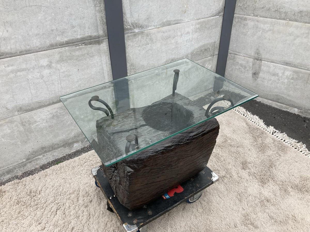 k1011★丸太ガラステーブル 木製家具 レトロ サイドテーブル 65×45×45cm拍卖