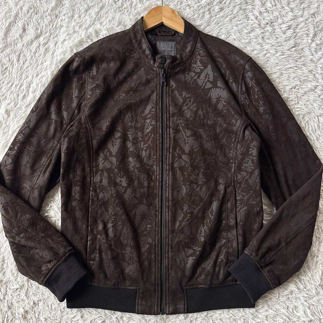 極美品/Lサイズ ●ZARA ザラ シングル ライダースジャケット ストレッチ フラワー 花柄 スウェード スエード ブラウン 茶 メンズ ブルゾン拍卖