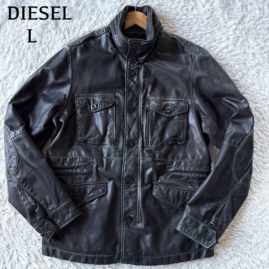 希少ラムレザー/Lサイズ ●DIESEL ディーゼル 2way レザージャケット M-65 羊革 革ジャン ミリタリー ヴィンテージ加工 ブラック 黒 メンズ拍卖