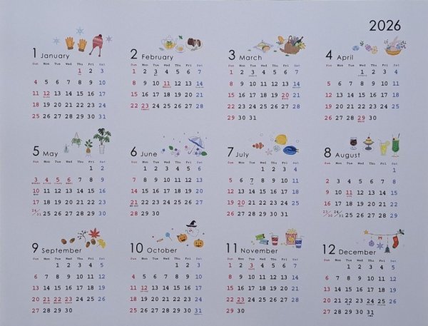 【大判:大きい 年間 カレンダー:A2 60×46cm】★可愛い イラスト:2026年:1面で分かりやすい:令和8年:壁掛け:暦 こよみ拍卖
