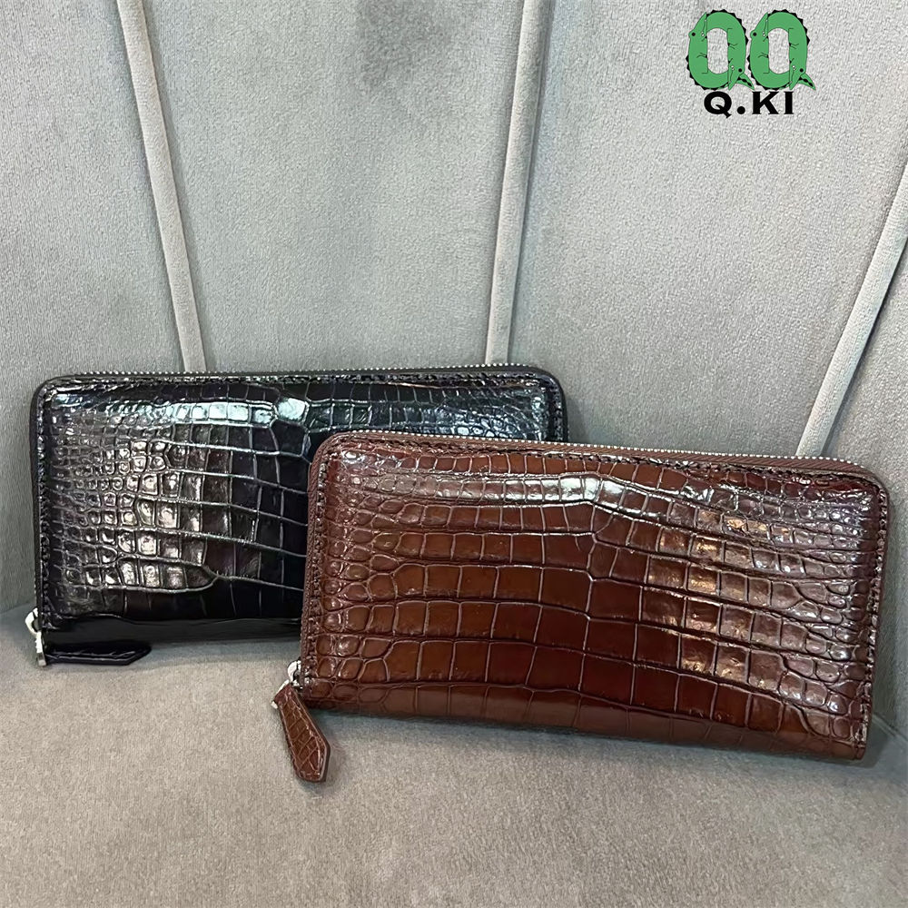 本物クロコダイルレザー センター取り ラウンドファスナー 長財布 名刺入れ コインケース ワニ革保証 ウォレット ブラック/ブラウン拍卖