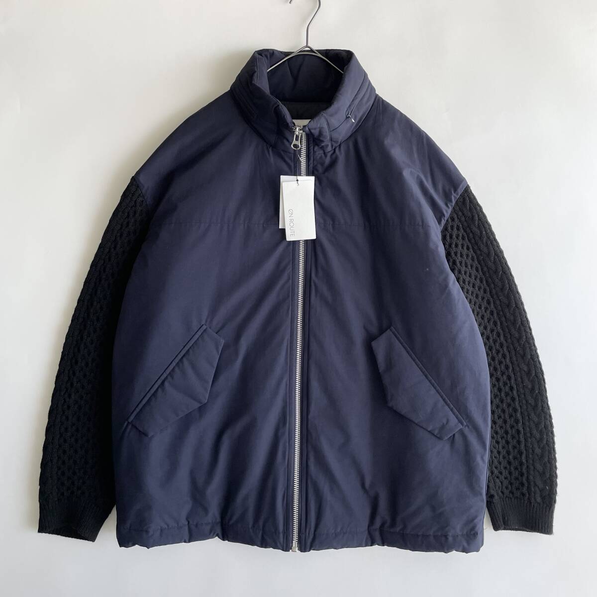 【美品】EN ROUTE size/1 (j) アンルート コットンナイロンタッサーニットスリーブ ブルゾン 中綿ジャケット ネイビー ブラック バイカラー拍卖