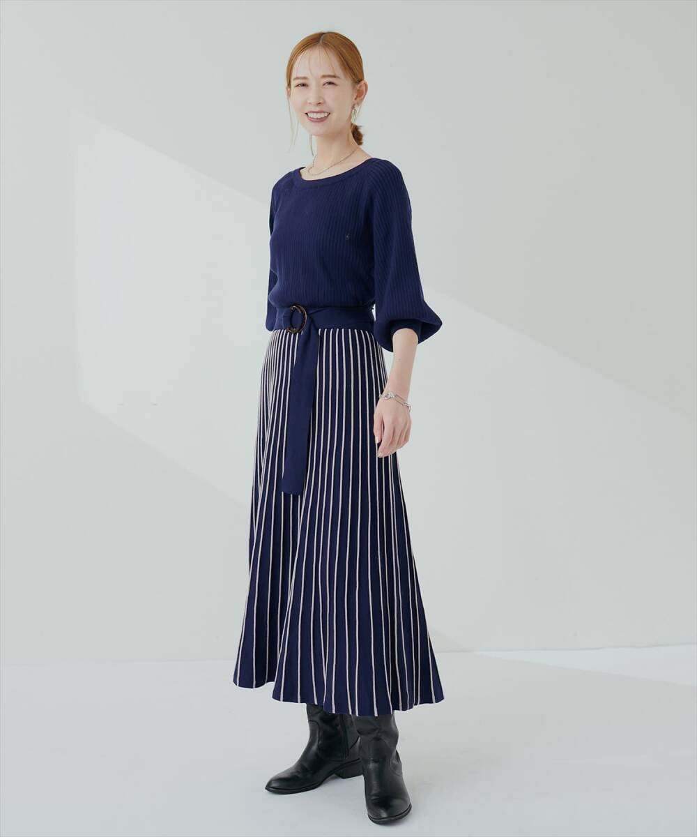 natural couture ナチュラルクチュール 23aw リバイバル 配色ニットプリーツワンピース ネイビー フリーサイズ/ロング ワンピース ワンピ拍卖