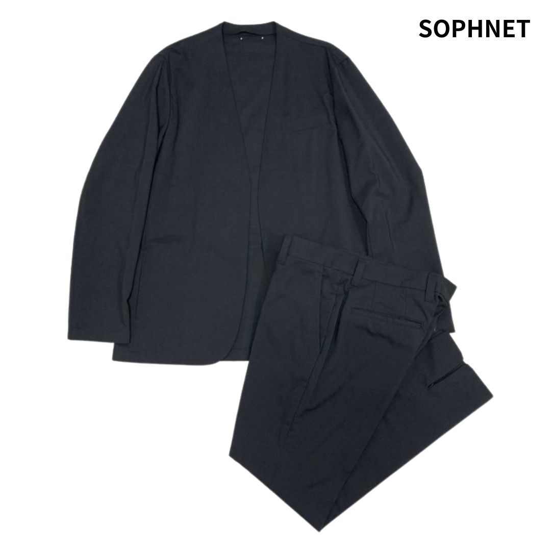 【美品】SOPHNET ソフネット セットアップ SOLOTEX TROPICAL STRETCH WOOL NO COLLAR JACKET*M/SLACKS*L/スーツ ノーカラージャケット 黒拍卖