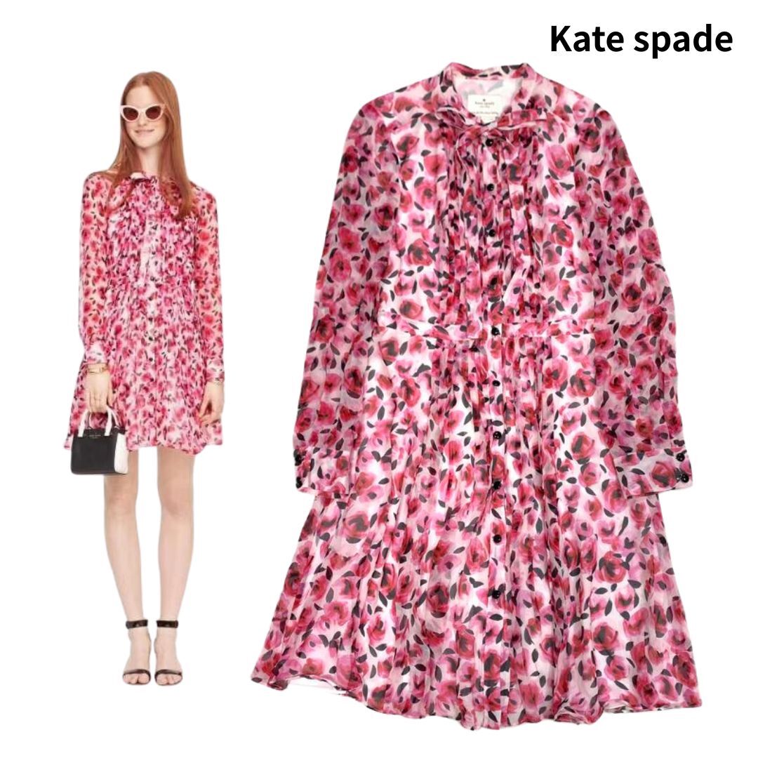 kate spade NEW YORK ケイトスペード ニューヨーク 薔薇 ローズ プリント シルク シフォン 長袖 ワンピース size:4/花柄 ドレス 絹 膝丈拍卖