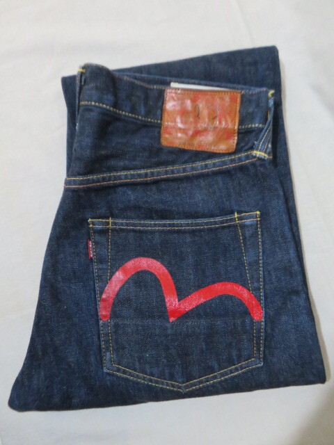☆濃紺 美品 EVISU エヴィス NO.2 LOT2000 革パッチ 赤カモメ 501XXタイプ ボタンフライ 袋布迷彩 W32 裾チェーン☆拍卖