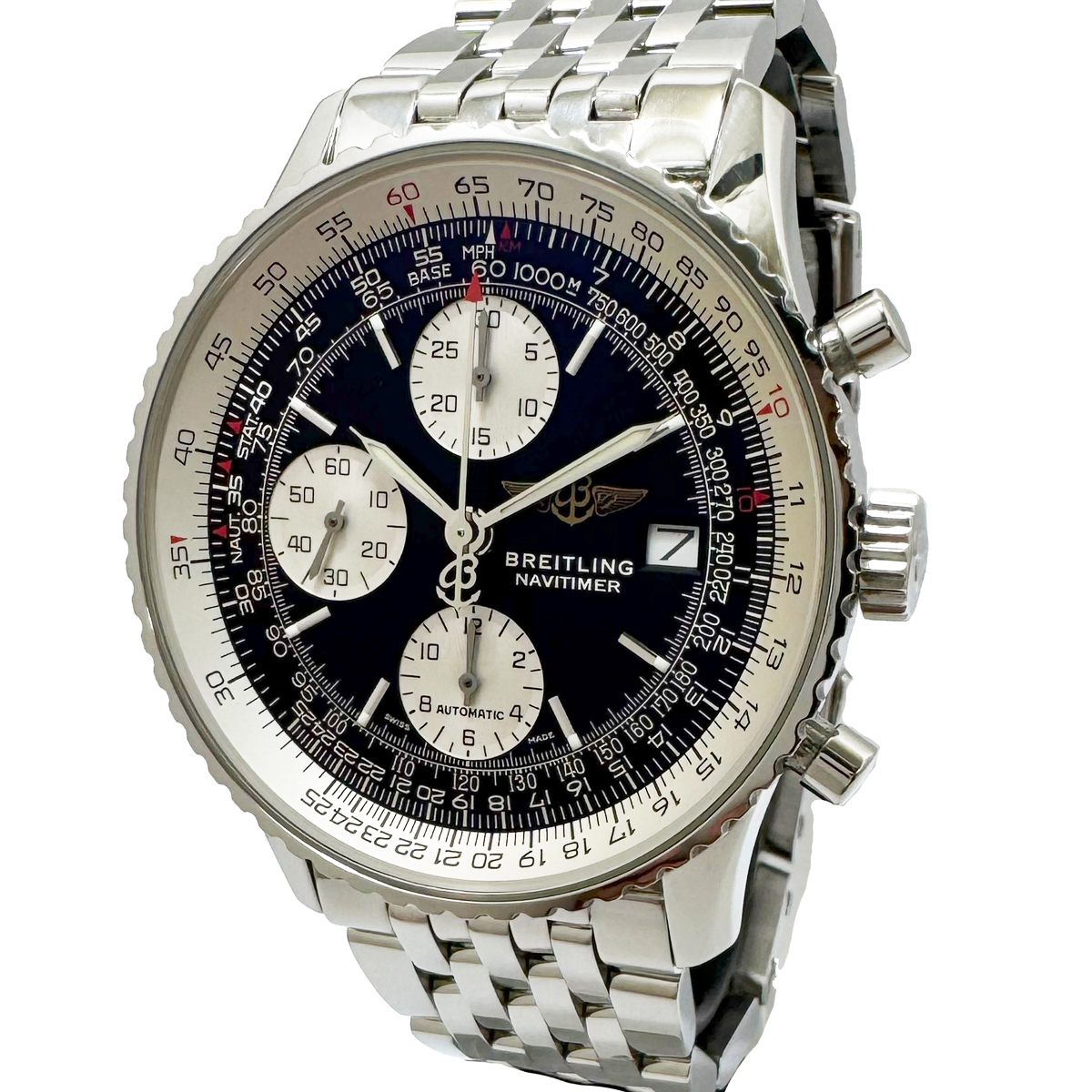 ブライトリング オールドナビタイマー クロノグラフ デイト 自動巻き オートマ 黒文字盤 メンズ A13322 BREITLING NAVITIMER 箱付き拍卖