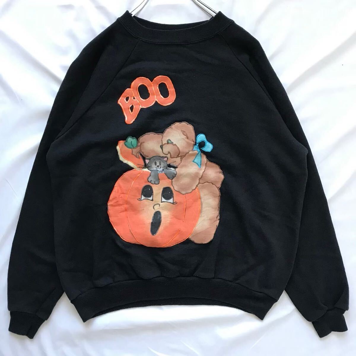 Hanes Her Way USA製素材 メキシコ製 BOO ハロウィン スウェット L 黒 トレーナー プリント US古着 トップス拍卖