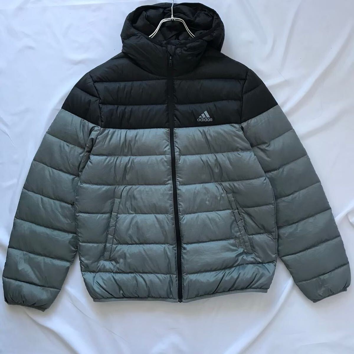 adidas アディダス ダウンジャケット L ブラック グレー 切替 フード付き拍卖