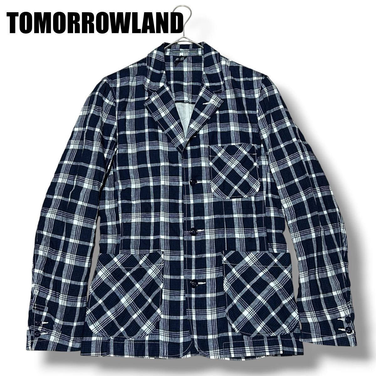 TOMORROWLAND 麻100% テーラードジャケット チャック柄 メンズ トゥモローランド 麻 春夏 秋 Mサイズ メンズ ネイビー チェック拍卖