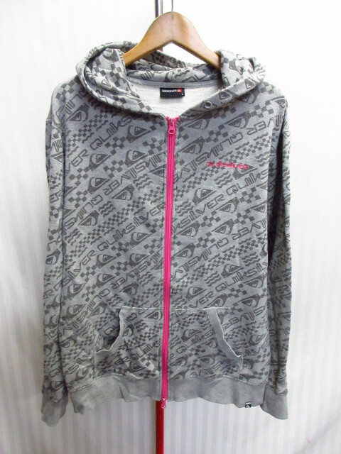 クイックシルバー ロゴ総柄パーカー メンズL グレー スウェットパーカー フーディー サーフジャケット フード付トレーナー ブルゾン09264拍卖