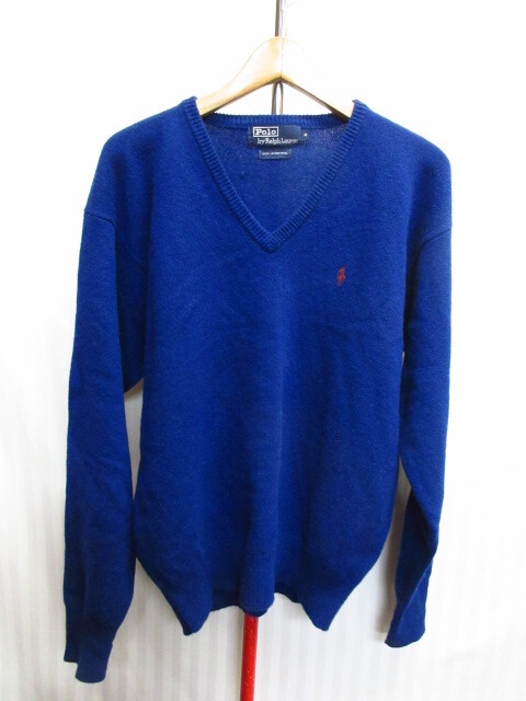 ラルフローレン ラムウールセーター メンズM 青 ロゴ刺繍ニットカットソー Vネック地ウールニットセーター 長袖セーター トレーナー09302拍卖