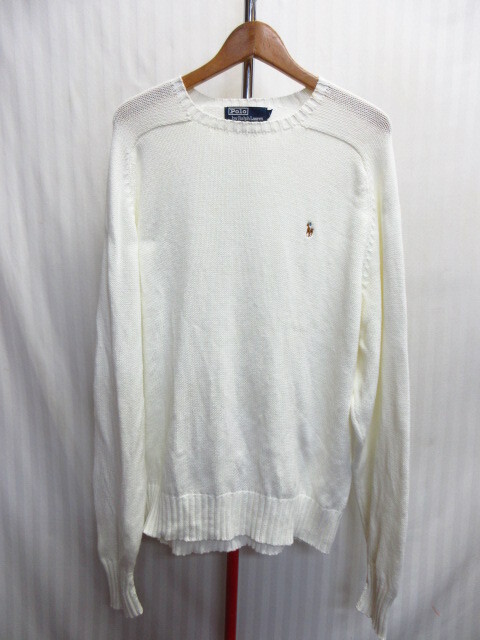 ラルフローレン 90sヴィンテージ セーター メンズL 白 ロゴ刺繍コットンニットトレーナー ニットセーター 長袖カットソー ホワイト10021拍卖