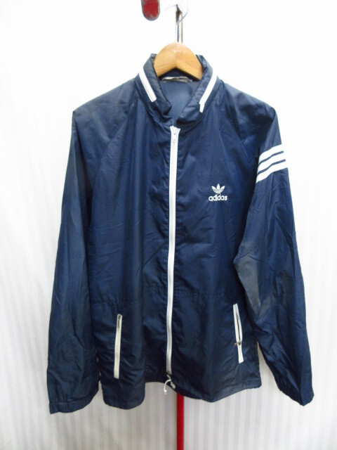 アディダス 80sヴィンテージ ナイロンジャージトップ メンズL 紺 トレフォイル刺繍ウインドブレーカー ナイロンジャンパー トップス09051拍卖