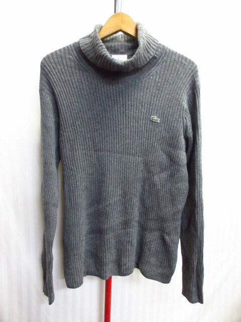 ラコステ タートルネックセーター メンズ5 グレー 保温防寒ウールセーター ウールニット ハイネックニット ロゴ付ウールトレーナー 10073拍卖