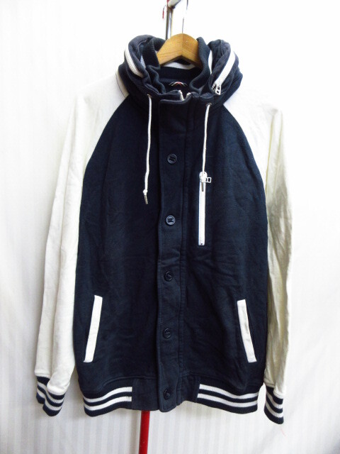 ビームス スウェット地スタジャン メンズL 紺白 スタジアムジャンパー ジャージトップ パーカー フーディー コットンジャンパー 10082拍卖