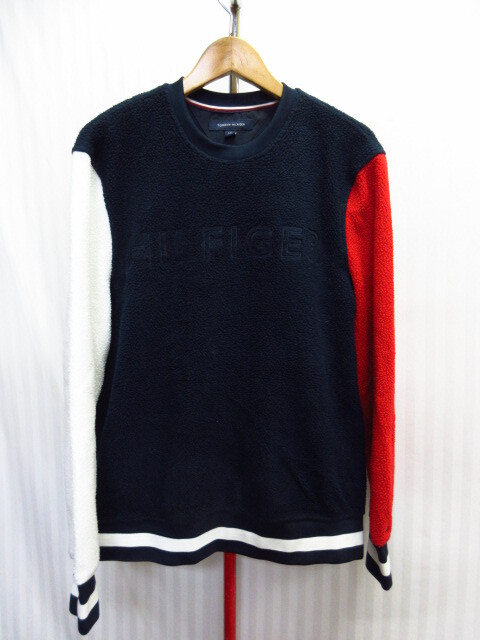 トミーヒルフィガー ビッグロゴ ボア地トレーナー メンズL 白紺赤 ロゴカラー パイル地スウェットジャージトップ 長袖カットソー10174拍卖