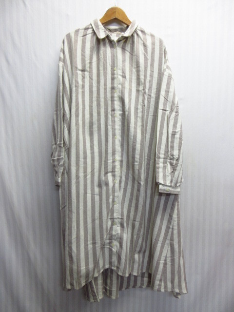 未使用 SM2 サマンサモスモス 長袖シャツワンピース SIZE F ビッグシルエットシャツ リネンシャツ 麻シャツ ストライプ柄ロング丈10212拍卖