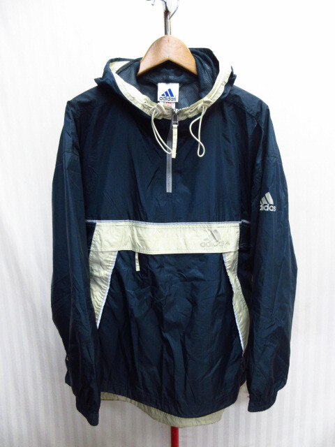 アディダス 90sヴィンテージ アノラックパーカー メンズM フード付きナイロンジャージトップ ウインドブレーカー フーディー 紺白10232拍卖
