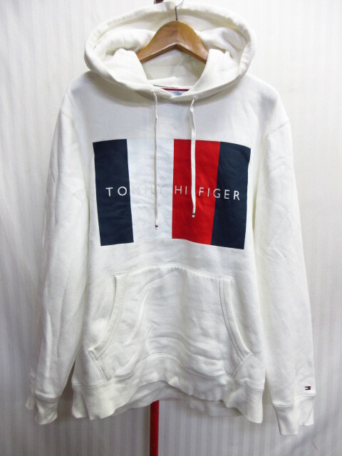 トミーヒルフィガー ビッグロゴ パーカー メンズXL LL 白 裏起毛スウェットパーカー フーディー フード付ジャージトップ トレーナー10231拍卖