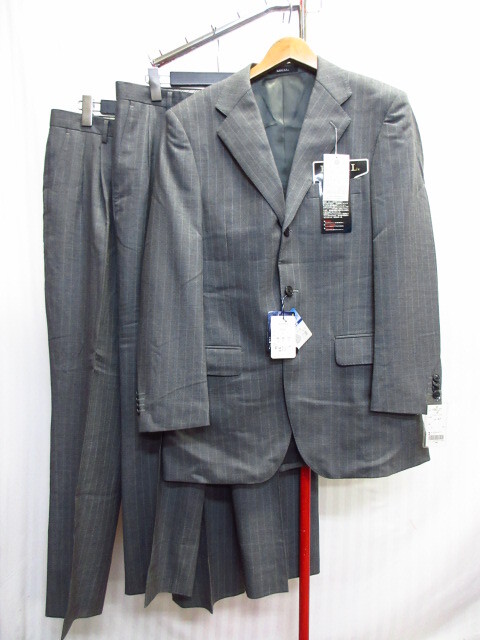 未使用 REGAL リーガル スーツ上下セットアップ 3枚セット メンズ96A7 XL LL グレーストライプ柄テーラードジャケット&パンツ10242拍卖