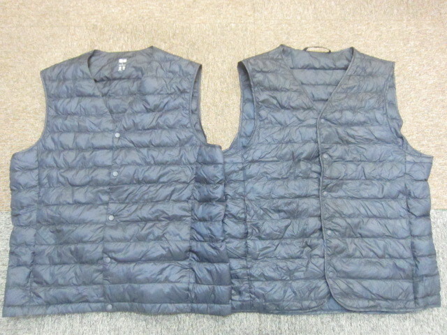ユニクロ ノーカラーウルトラライトダウンベスト 2枚セット メンズL 紺 襟なしダウンベスト 軽量インナーダウンジャンパー ライナー10009拍卖