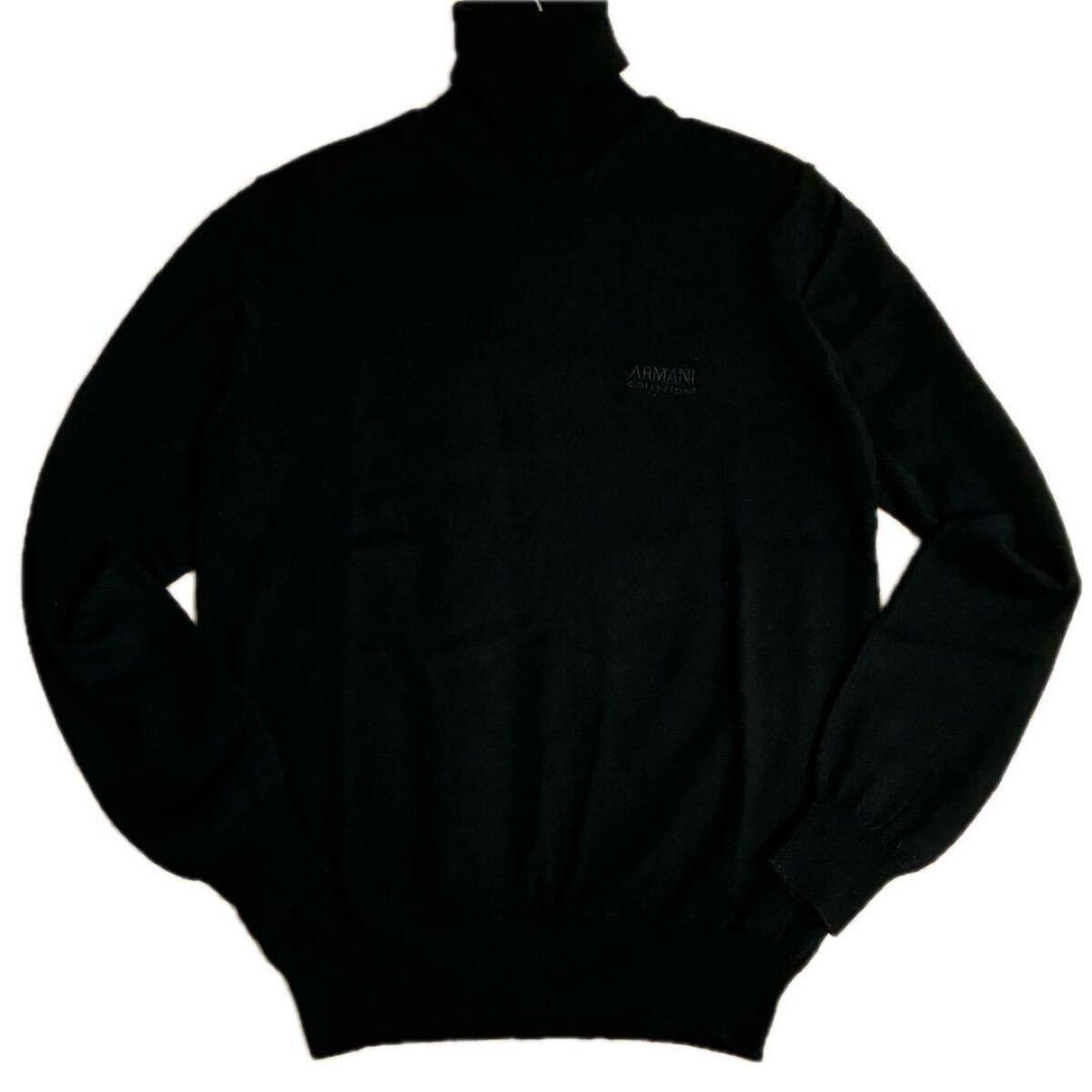 Lサイズ相当 ARMANI COLLEZIONI アルマーニコレッツォーニ タートルネック ニット セーター ブラック ブランド刺繍 メンズ 50 拍卖