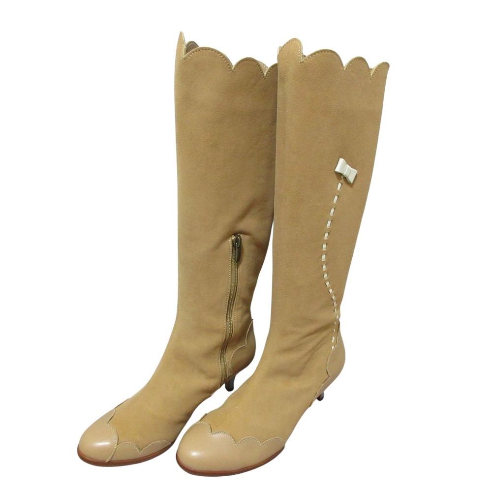 未使用 Kitamura キタムラ スエード リボンデザイン ロングブーツ 23.5cm キャメル拍卖