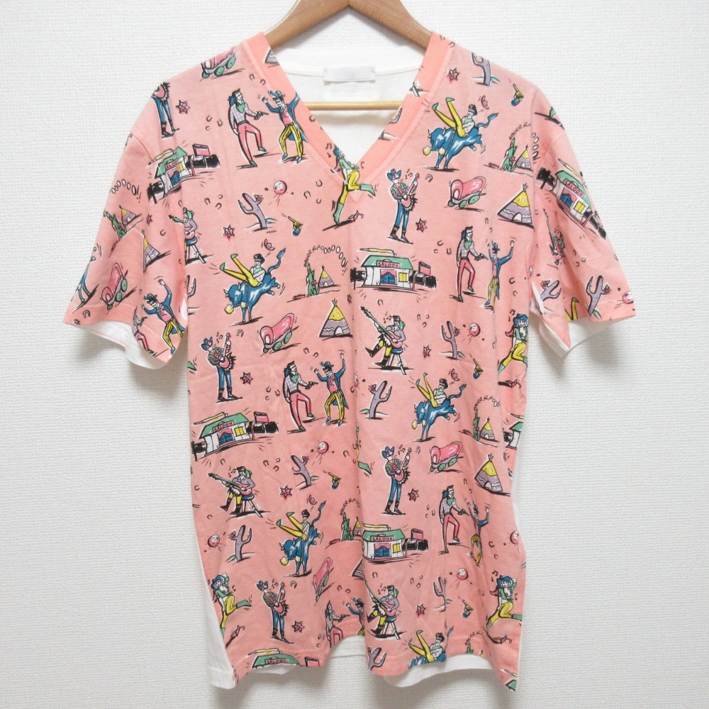 良品 PRADA プラダ サルーンプリント 切替 Vネック ショートスリーブ Tシャツ カットソー サイズL ピンク拍卖