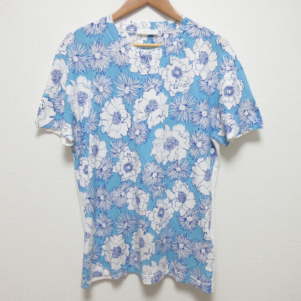 美品 PRADA プラダ フラワープリント 切替 クルーネック 半袖 Tシャツ カットソー サイズL ブルー拍卖