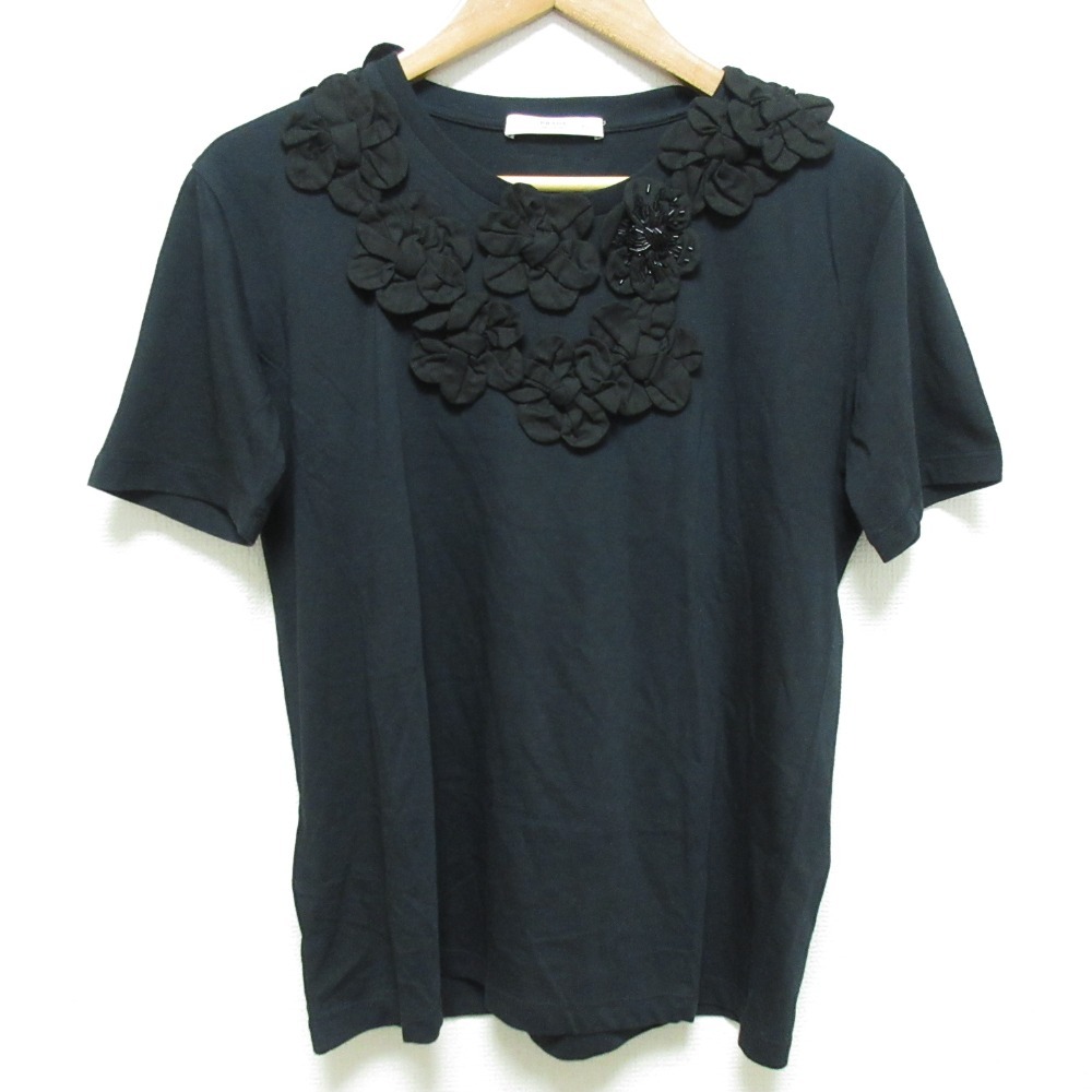 美品 PRADA プラダ フラワーモチーフ クルーネック 半袖 Tシャツ カットソー サイズXL ブラック拍卖