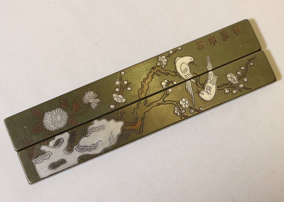 文鎮 黄銅喜鵲登梅鎮紙二本組 15.0㎝    DL18拍卖