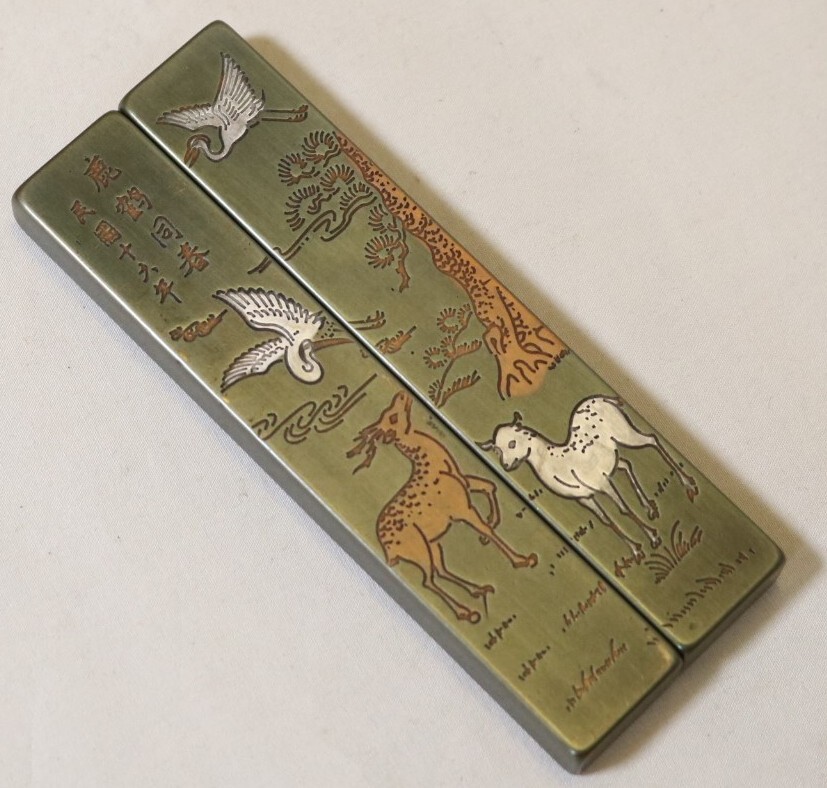 文鎮 黄銅鹿鶴同春鎮紙二本組 10.9㎝    DL05拍卖