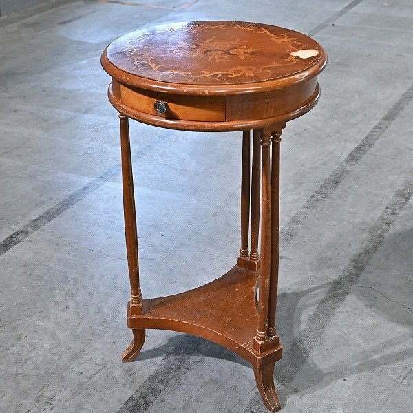 イタリアビンテージ 電話台 マホガニー材 象嵌 サイドテーブル ラウンド 円 コンソール 飾り棚 リビング ダイニング 玄関 寝室 クラシカル拍卖
