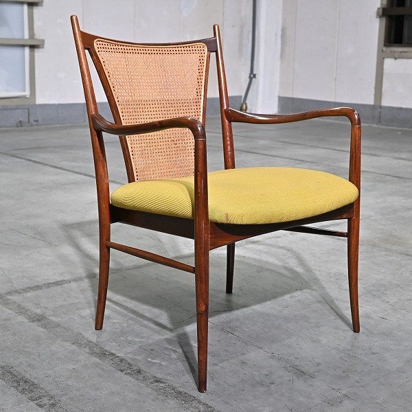希少 オールドマルニ「ショパン」アームチェア マホガニー無垢材 籐編み ラタン ミッドセンチュリー 椅子 パーソナル リビング maruni拍卖