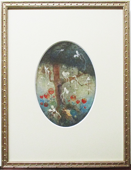 林千絵『木霊』鉛筆、ガッシュ、紙 サイン 、裏書き有 額、箱付き 2013年制作 額裏にシール拍卖