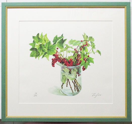 橋本不二子『レッドカラント』ダイヤモンドスクリーニング ed.56/200. 刷り込みサイン 額付き(箱なし)拍卖