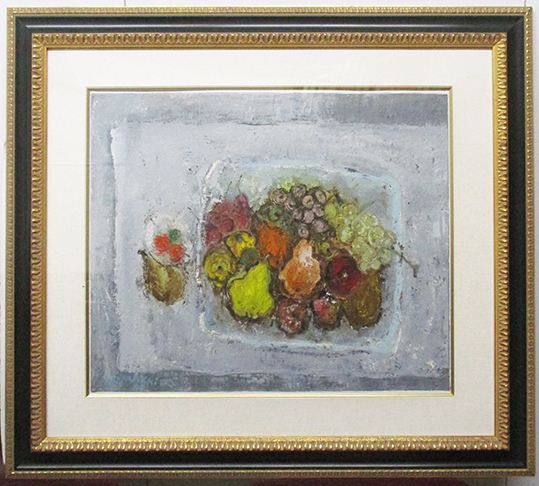 山下純司『果物』油彩、キャンバス地 15号変形 サイン有 額、箱付き拍卖